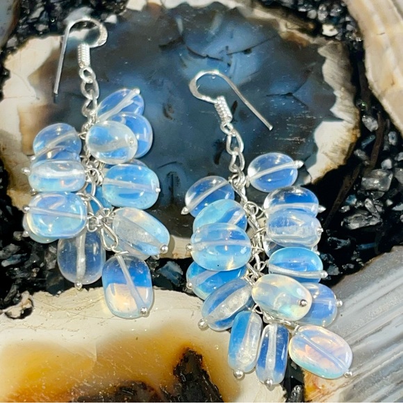 Milky Iridescent Opalite Earrings 2 1/2” - Picture 3 of 17